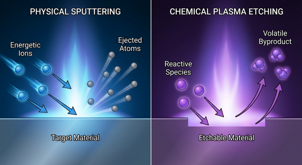 Physical Sputtering + Chemical Reaction process illustration