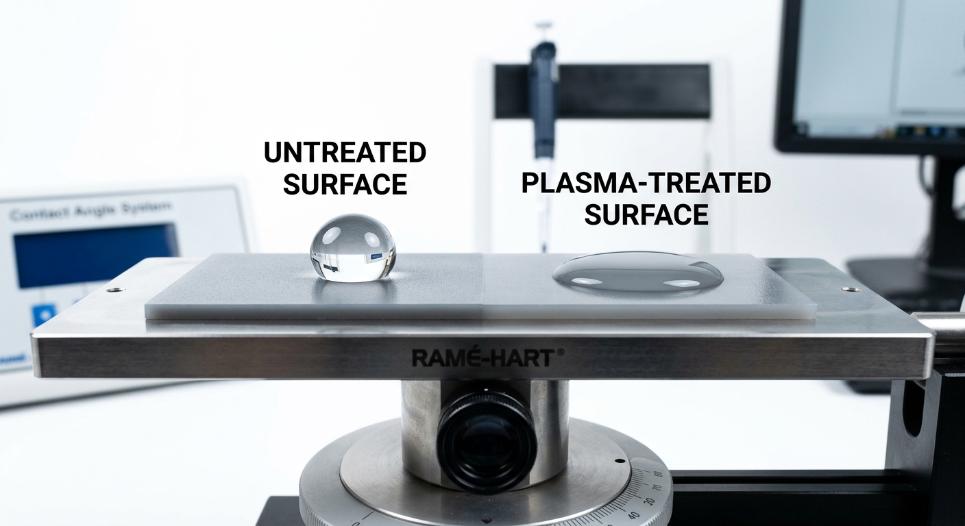 Water contact angle test comparing untreated and plasma-treated polymer surfaces