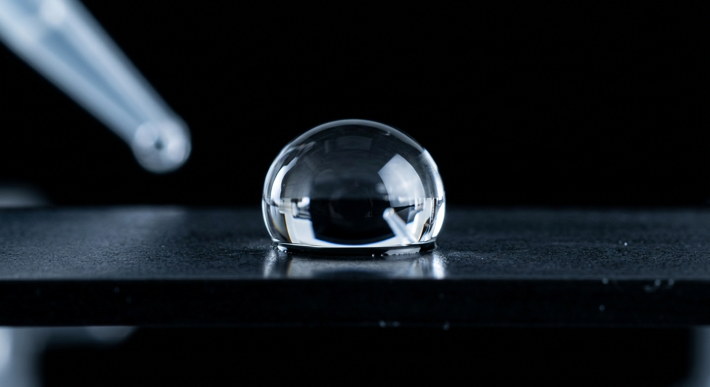 Contact angle measurement showing water droplet on an untreated plastic surface with high contact angle