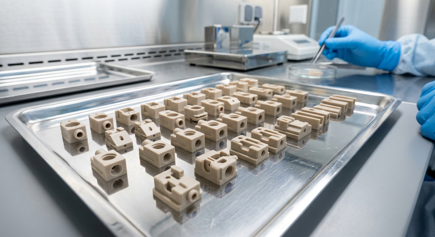 Precision PEEK medical device components on a stainless steel inspection tray