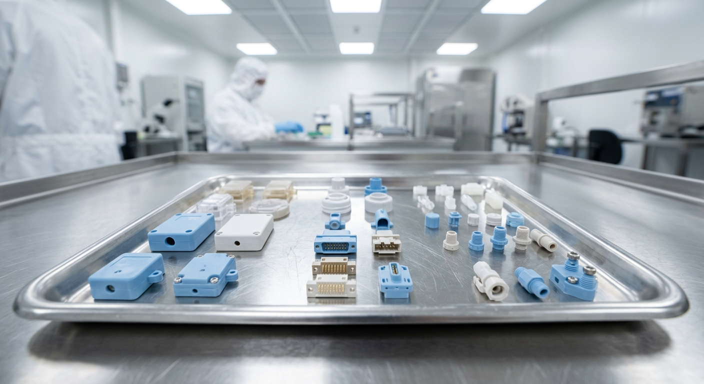 Medical device polymer components on a stainless steel tray in a cleanroom
