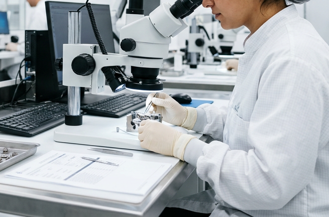 Quality engineer inspecting medical device components under magnification in a cleanroom