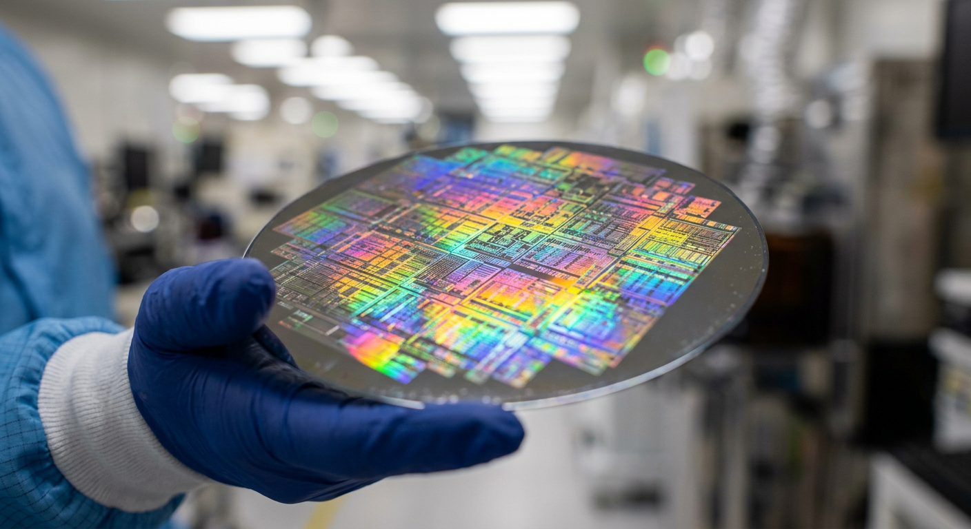 Silicon wafer with plasma-etched microstructures held by gloved hand