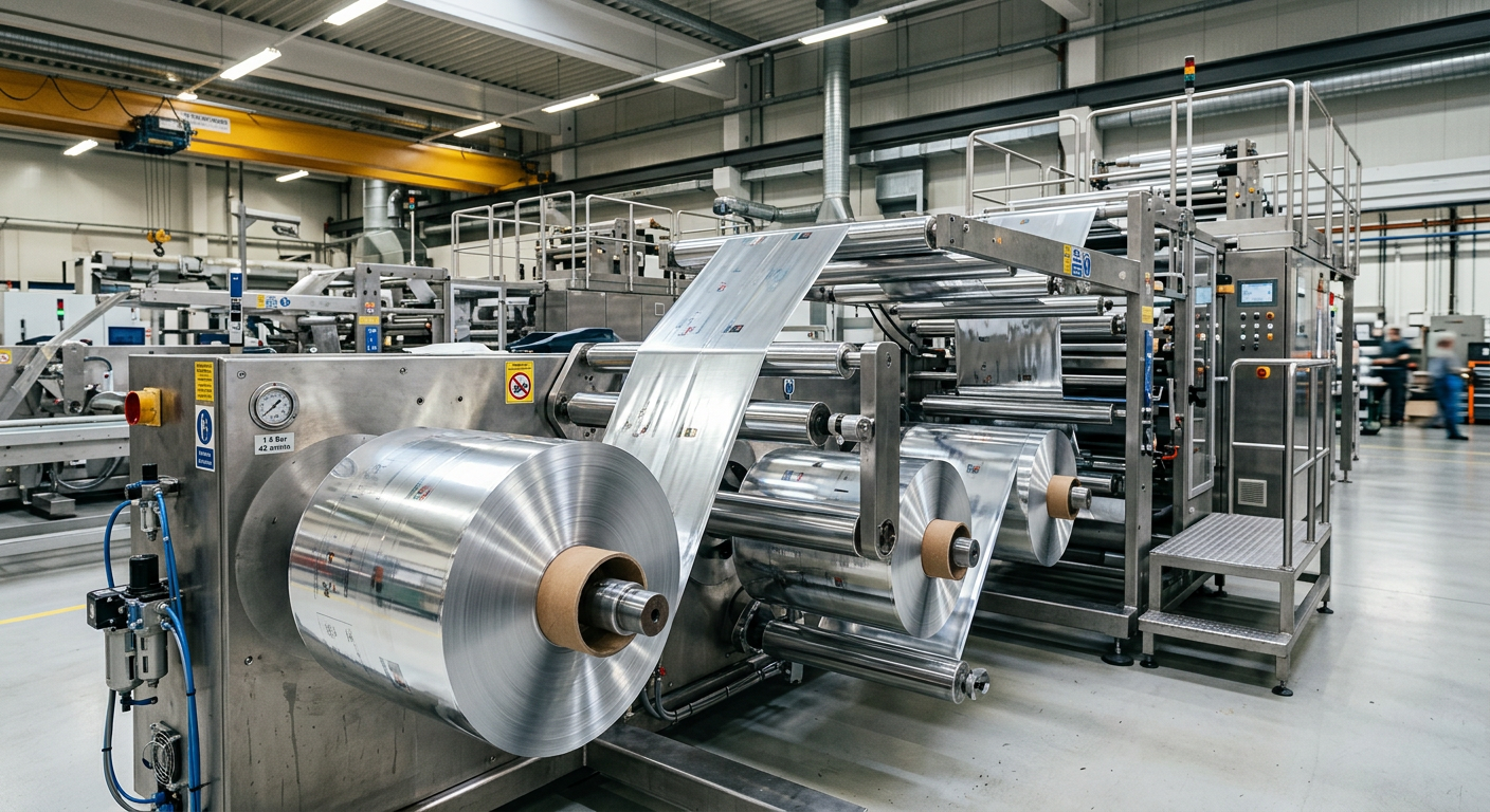 Rolls of metallized BOPP flexible packaging film on a converting line
