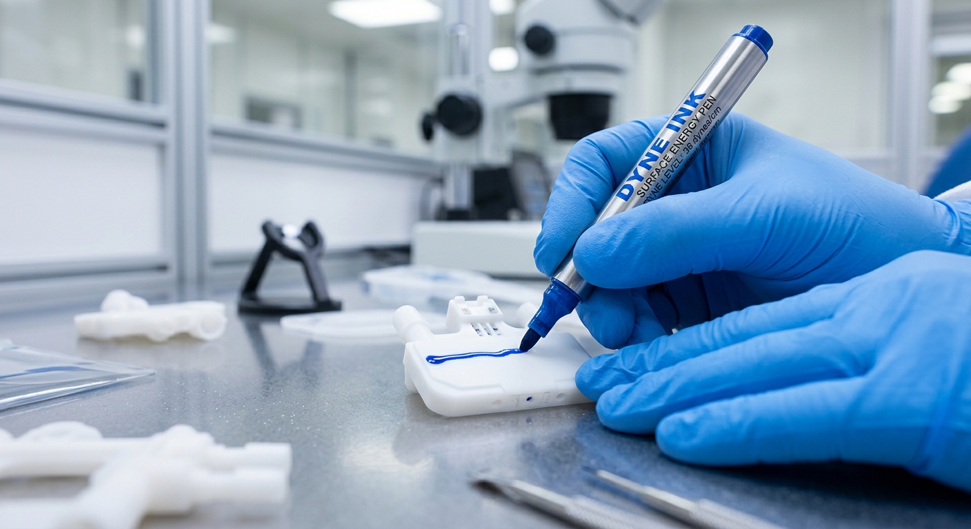 Array of medical devices including catheters, implants, and microfluidic chips on stainless steel surface