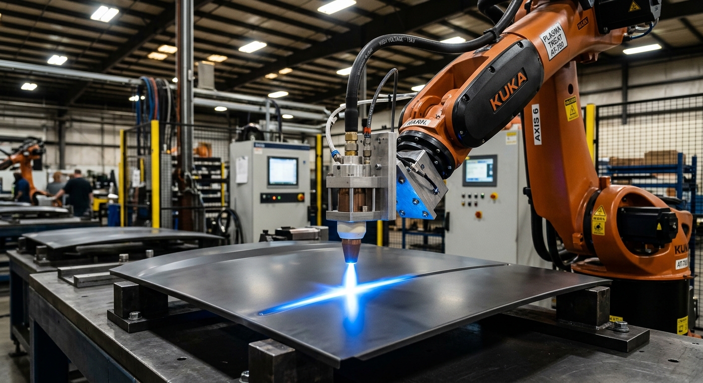 Atmospheric plasma nozzle mounted on robotic arm treating an automotive panel in a production facility
