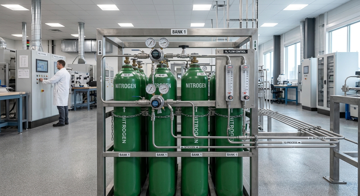Industrial gas cylinder bank with regulators and flow meters for plasma treatment gas supply