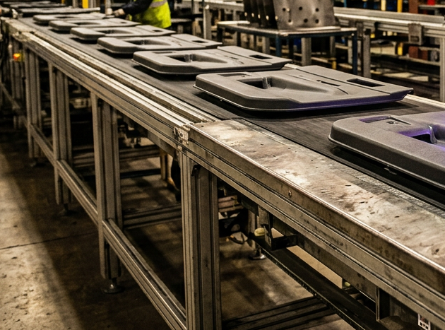 Polypropylene automotive trim panels on conveyor passing through dual-nozzle plasma treatment station
