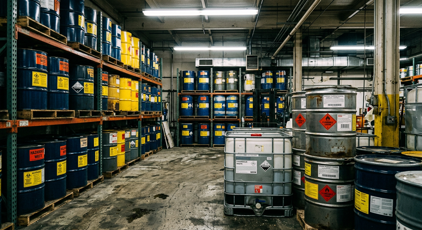 Hazardous chemical waste containers and solvent drums in a factory storage area with warning labels