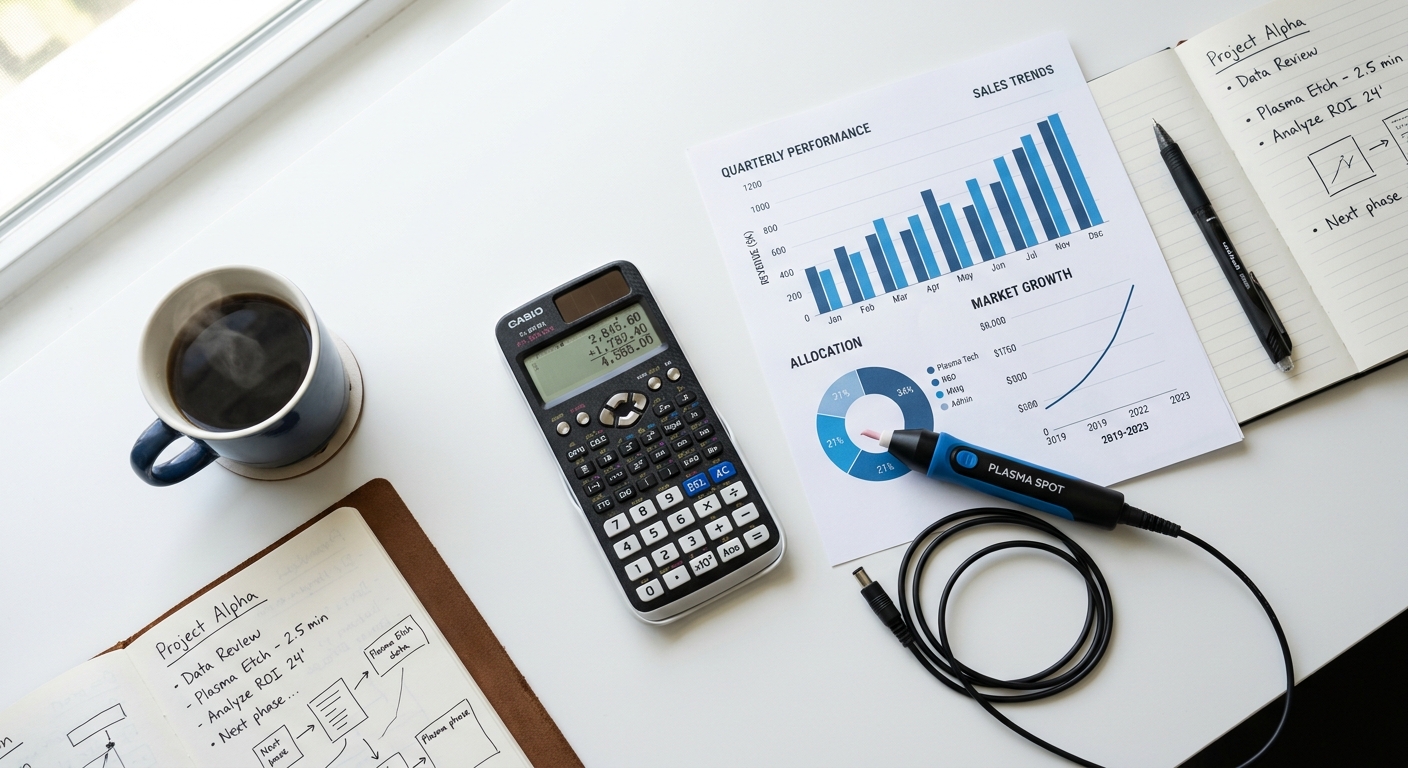 Financial analysis materials and a plasma nozzle on a desk representing total cost of ownership calculation