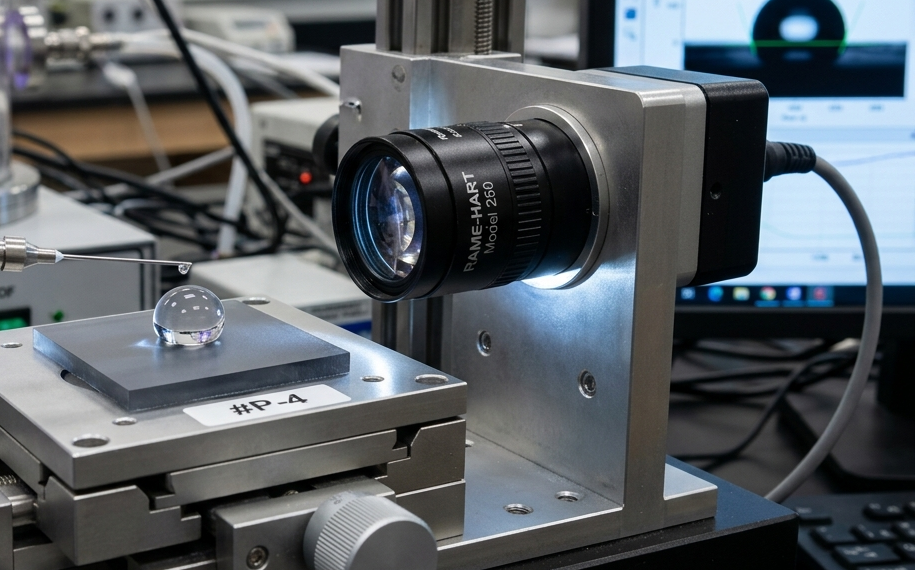 Contact angle measurement on a plasma-treated polymer surface using a goniometer