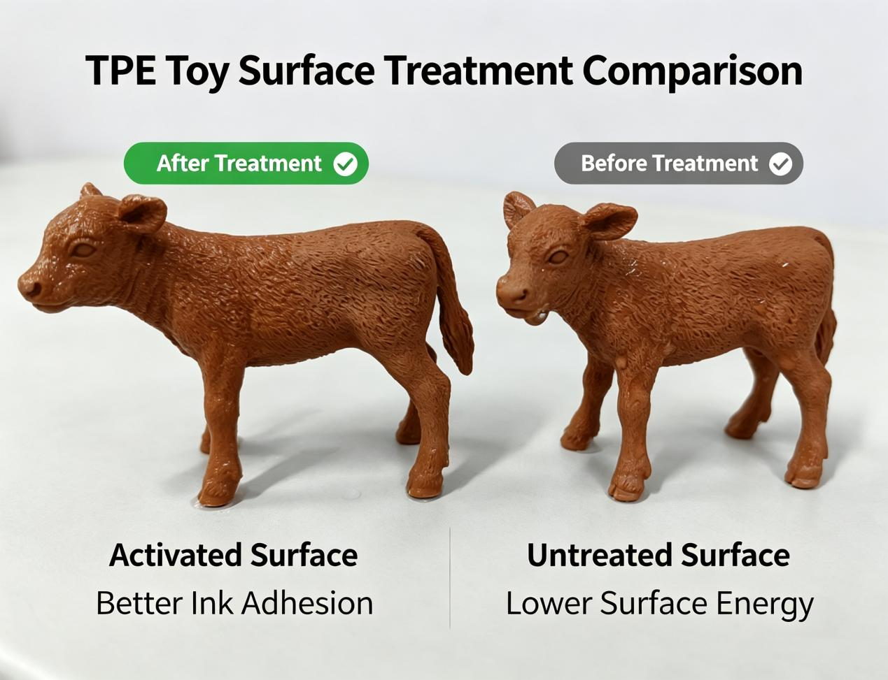 Two TPE toy cows showing surface treatment differences: smooth after treatment, rough before treatment.