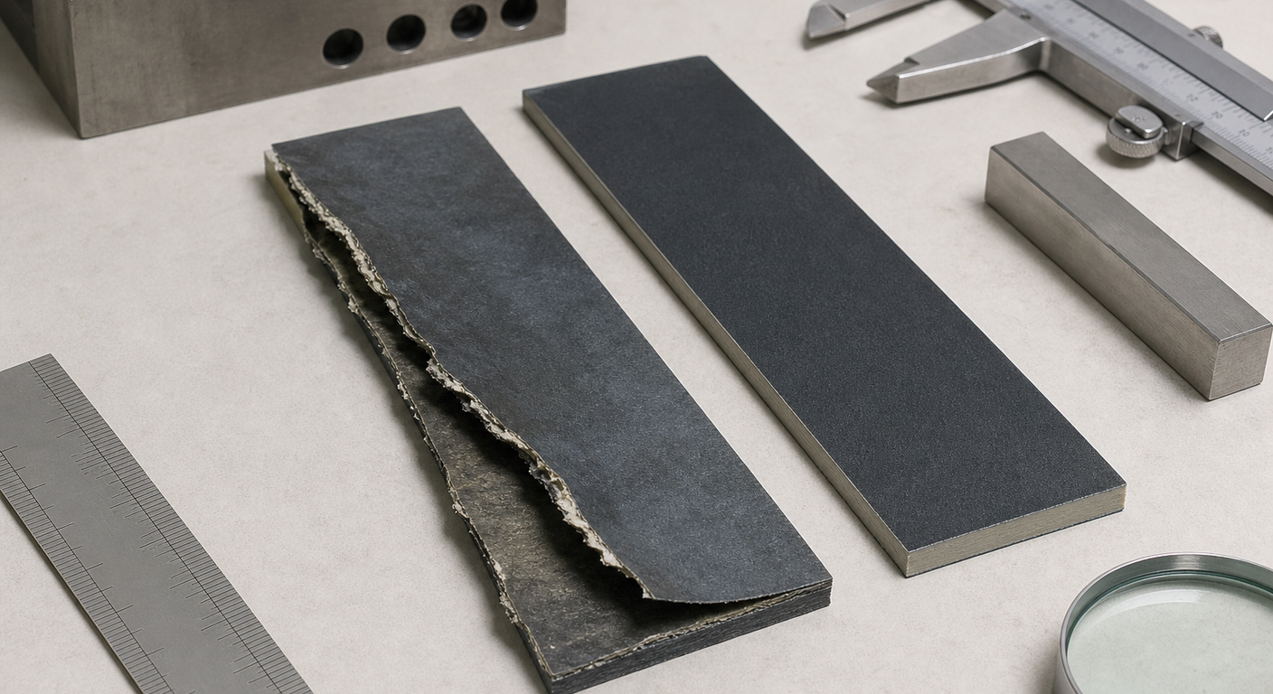 Bonded polymer coupon showing adhesive delamination beside an intact comparison coupon