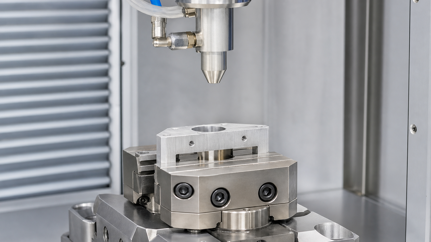 Unbranded atmospheric treatment nozzle positioned above a machined metal component