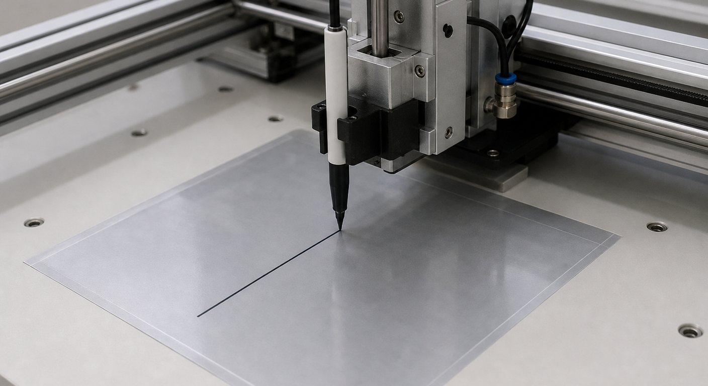 Automated dyne test fixture drawing a line across a polymer film sample