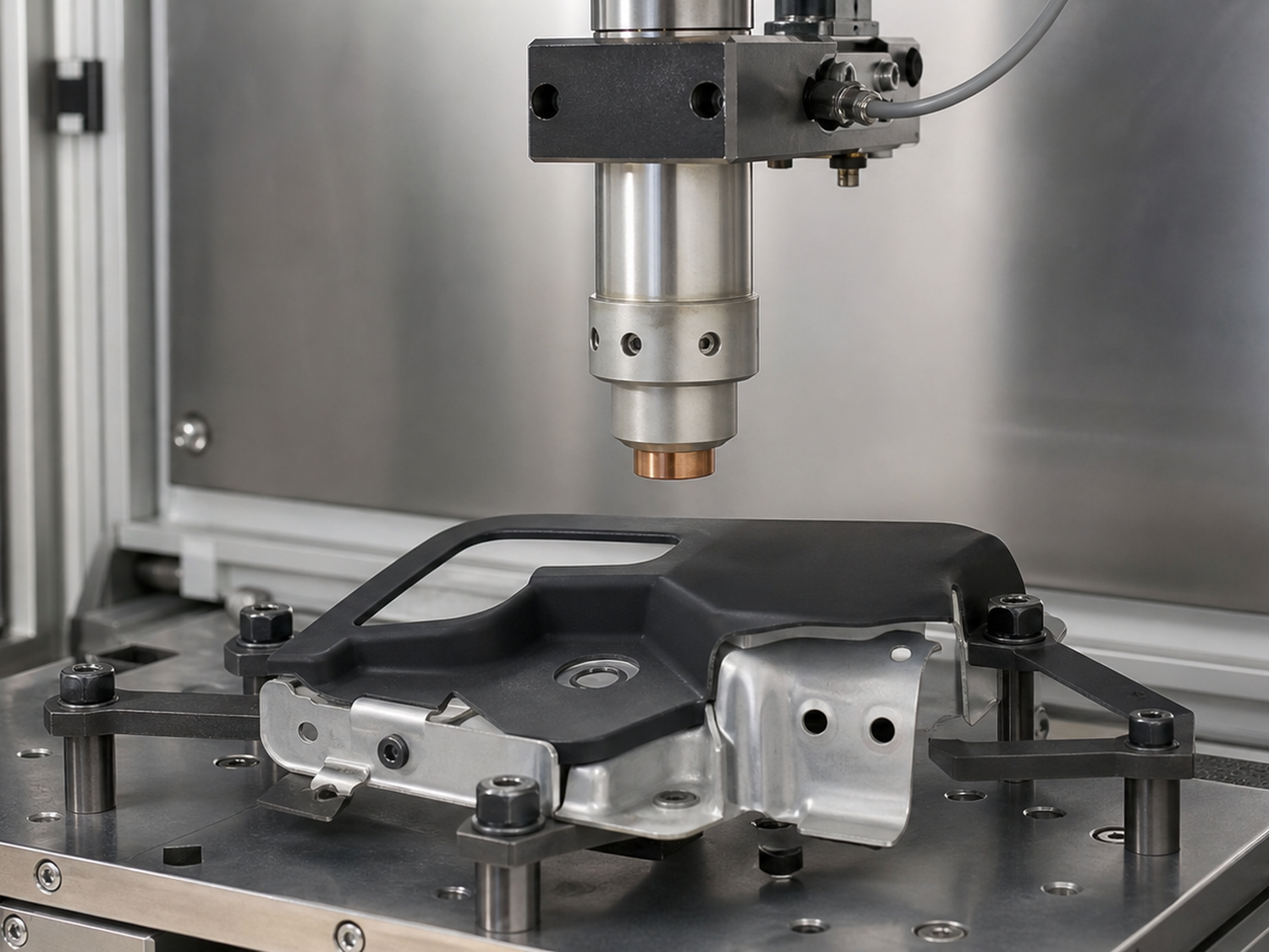Unbranded inactive treatment nozzle positioned above an automotive metal and polymer part