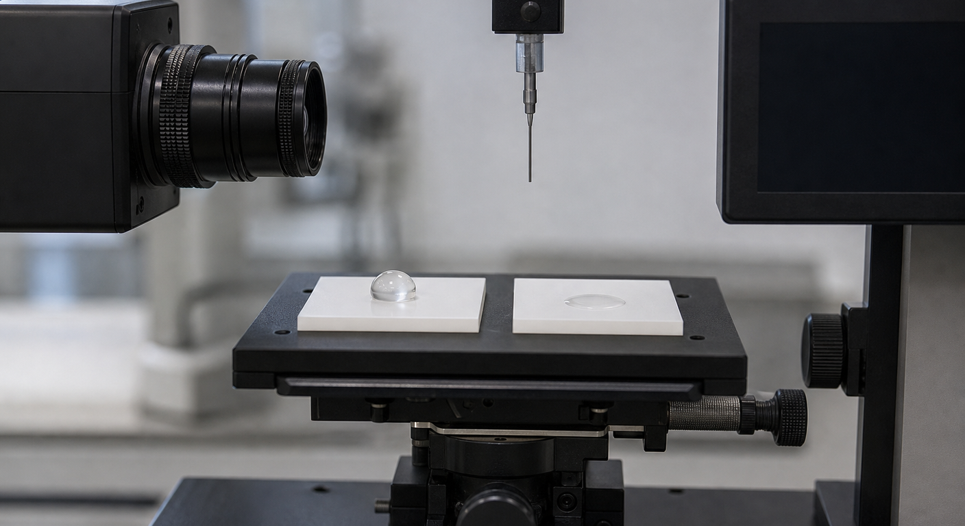 Two polymer coupons with rounded and flatter water droplets on an unbranded measurement stage