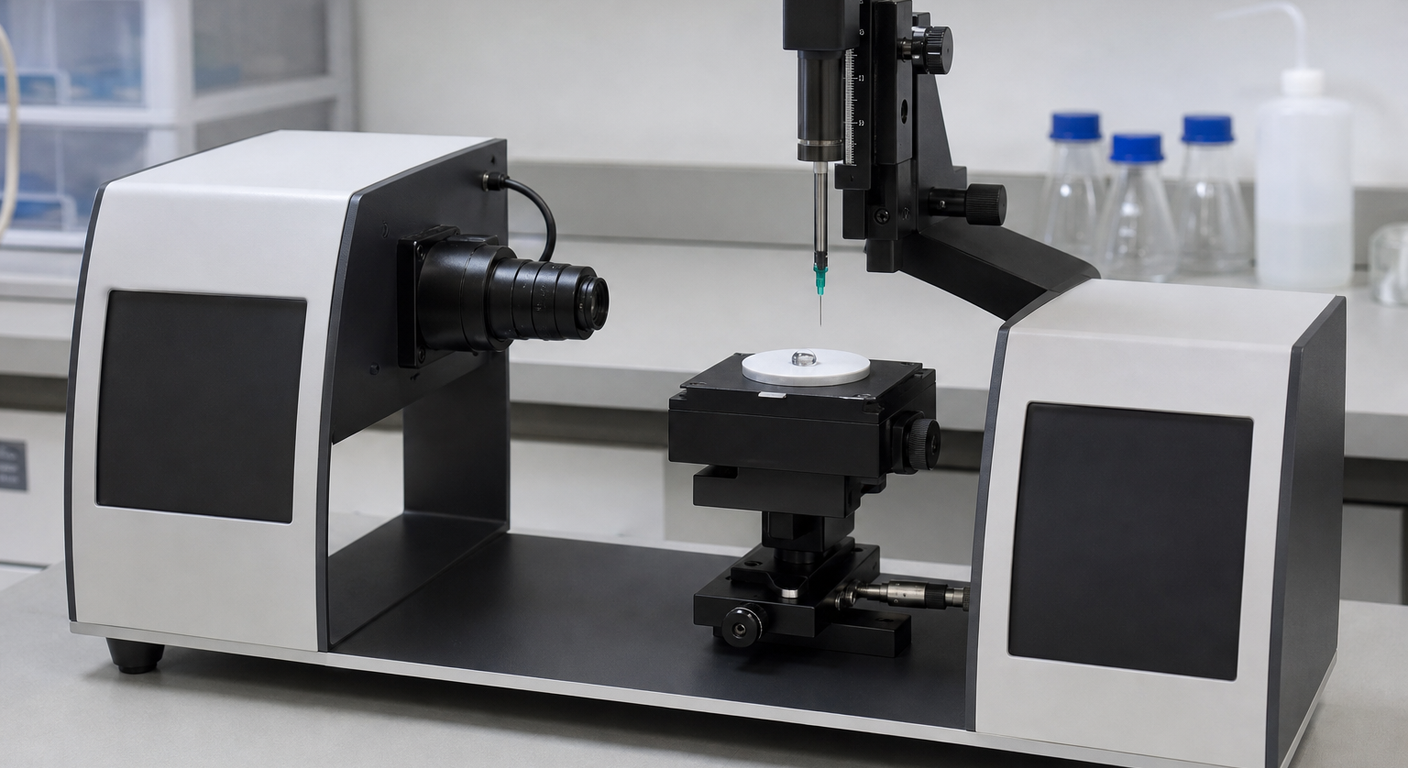 Unbranded automated contact angle goniometer measuring a water droplet on a polymer sample