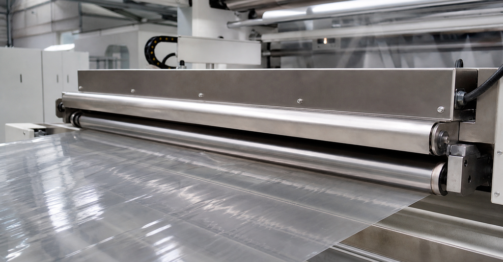 Unbranded corona treatment roller above a continuous transparent polymer web
