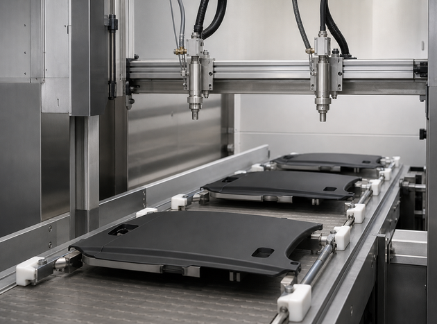 Black automotive trim panels moving through an unbranded dual-nozzle treatment station