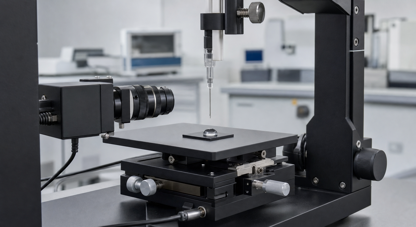 Unbranded contact angle goniometer measuring a water droplet on a polymer sample