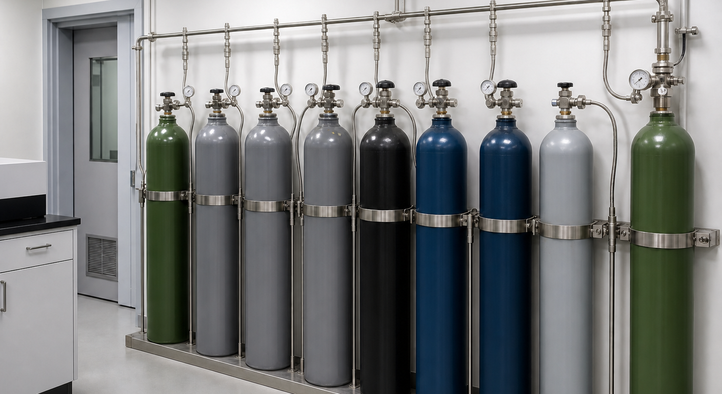 Unbranded gas cylinders with regulators and piping in an empty laboratory service area