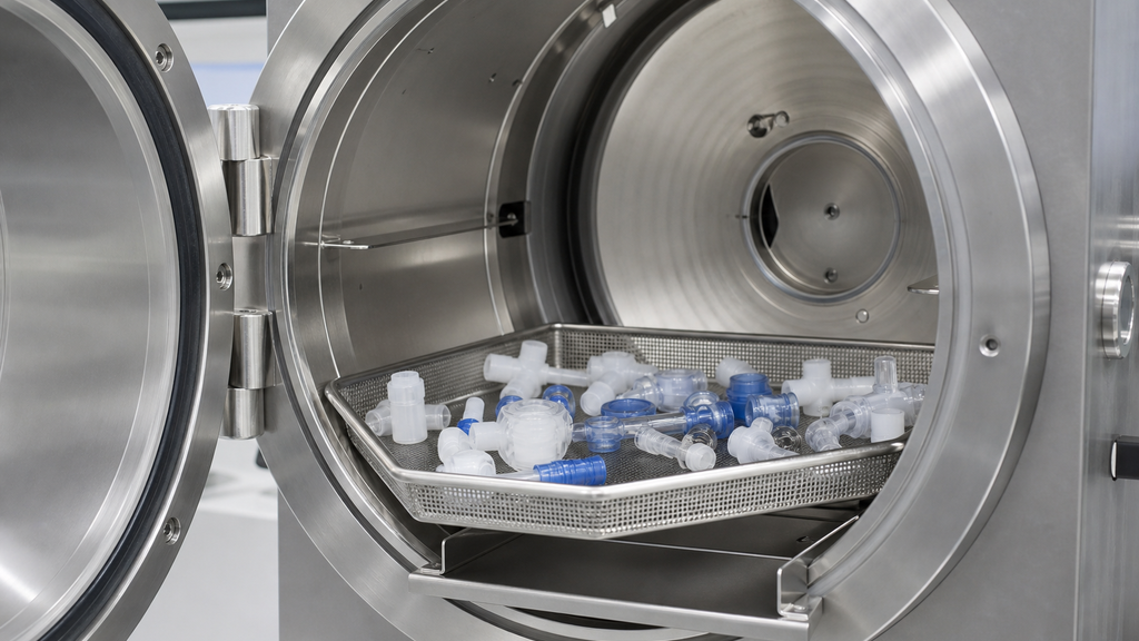 Small medical connector parts arranged inside an open stainless-steel vacuum chamber