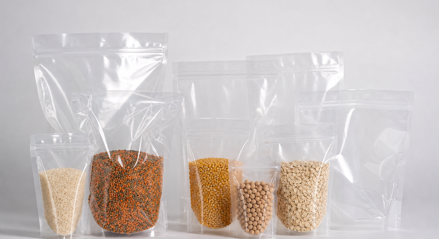 Unprinted transparent mono-material pouches displayed without labels or branding