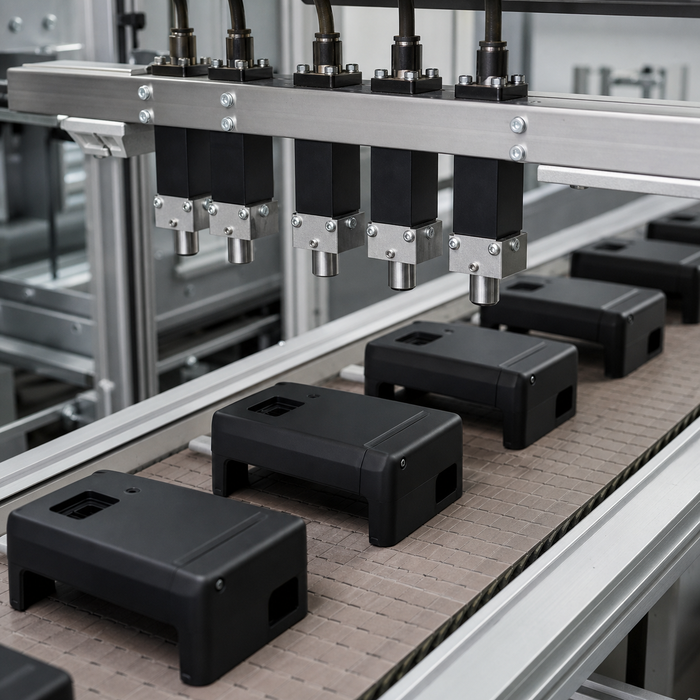 Row of unbranded treatment nozzles above black polymer parts on a precision conveyor