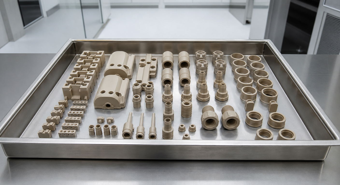 Tray of unbranded PEEK medical components arranged in an empty cleanroom laboratory