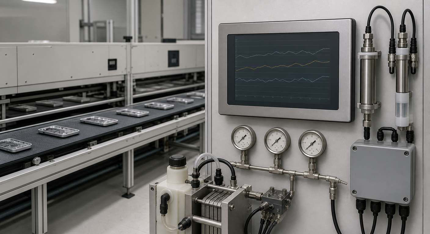 Unattended process monitoring station displaying generic production trends beside an automated line