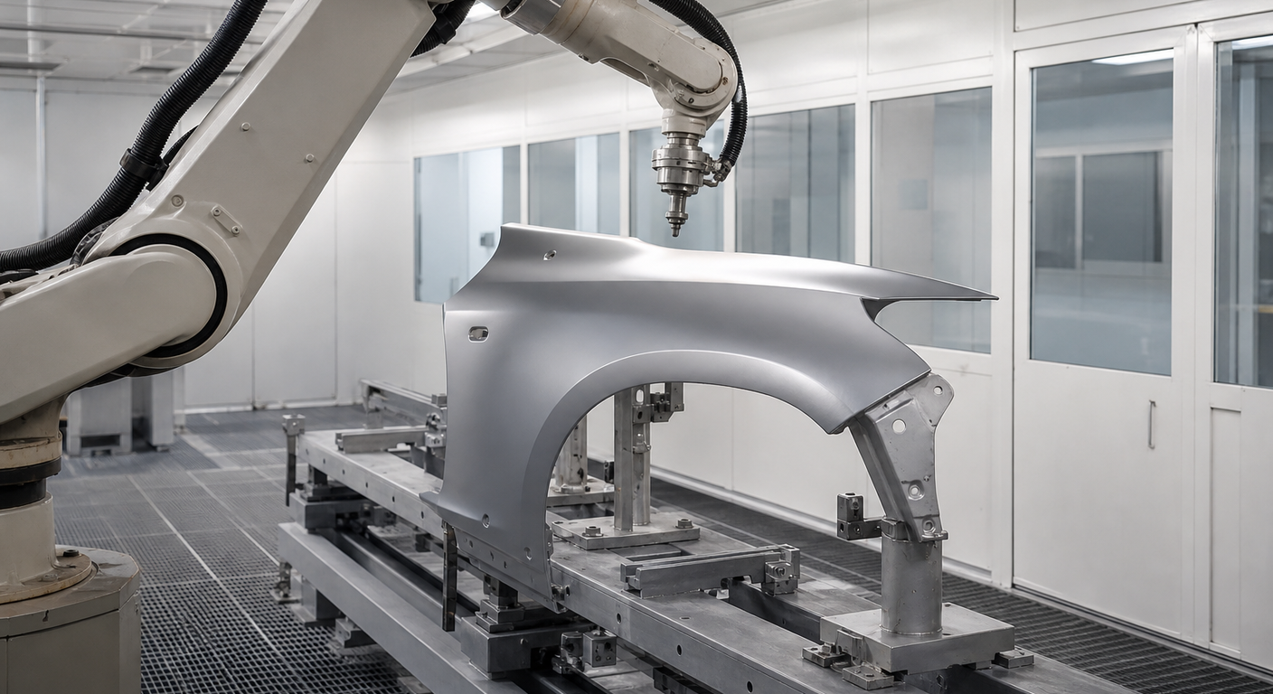 Unbranded robotic treatment nozzle positioned above an automotive body panel