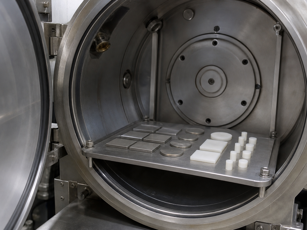 Titanium and polymer test coupons arranged inside an open stainless-steel vacuum chamber