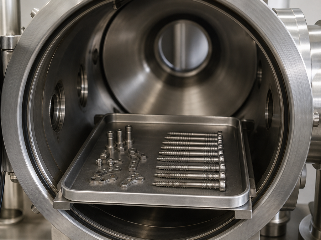 Titanium bone screws and implant components arranged inside an open stainless-steel vacuum chamber