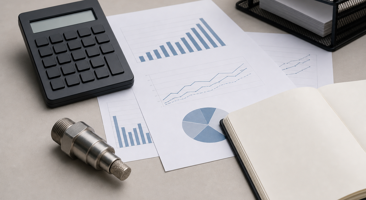 Unbranded calculator, generic charts, blank notebook, and a metal treatment nozzle component