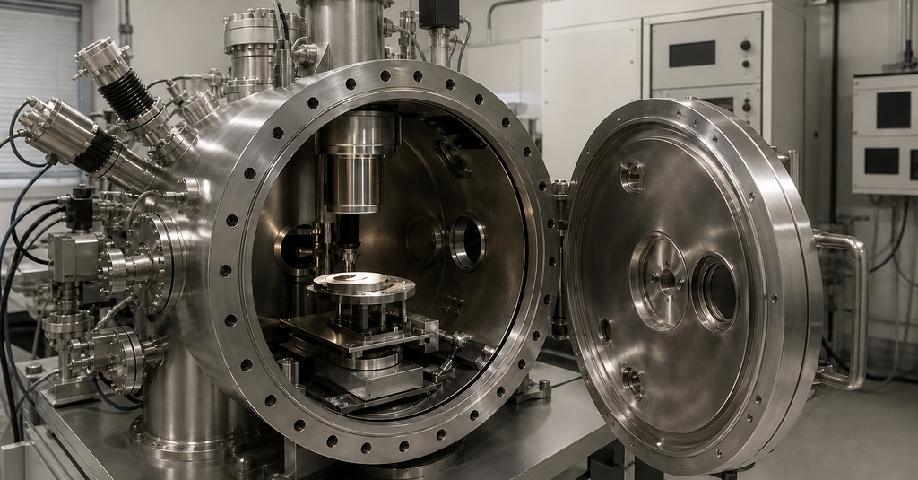 Open unbranded XPS ultra-high-vacuum analysis chamber with a clean sample stage