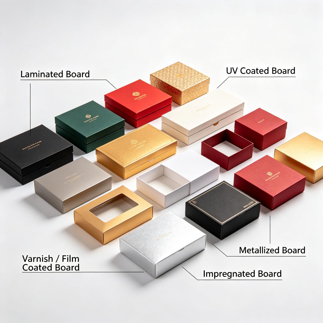Examples of laminated, UV-coated, varnished, metallized and impregnated carton board