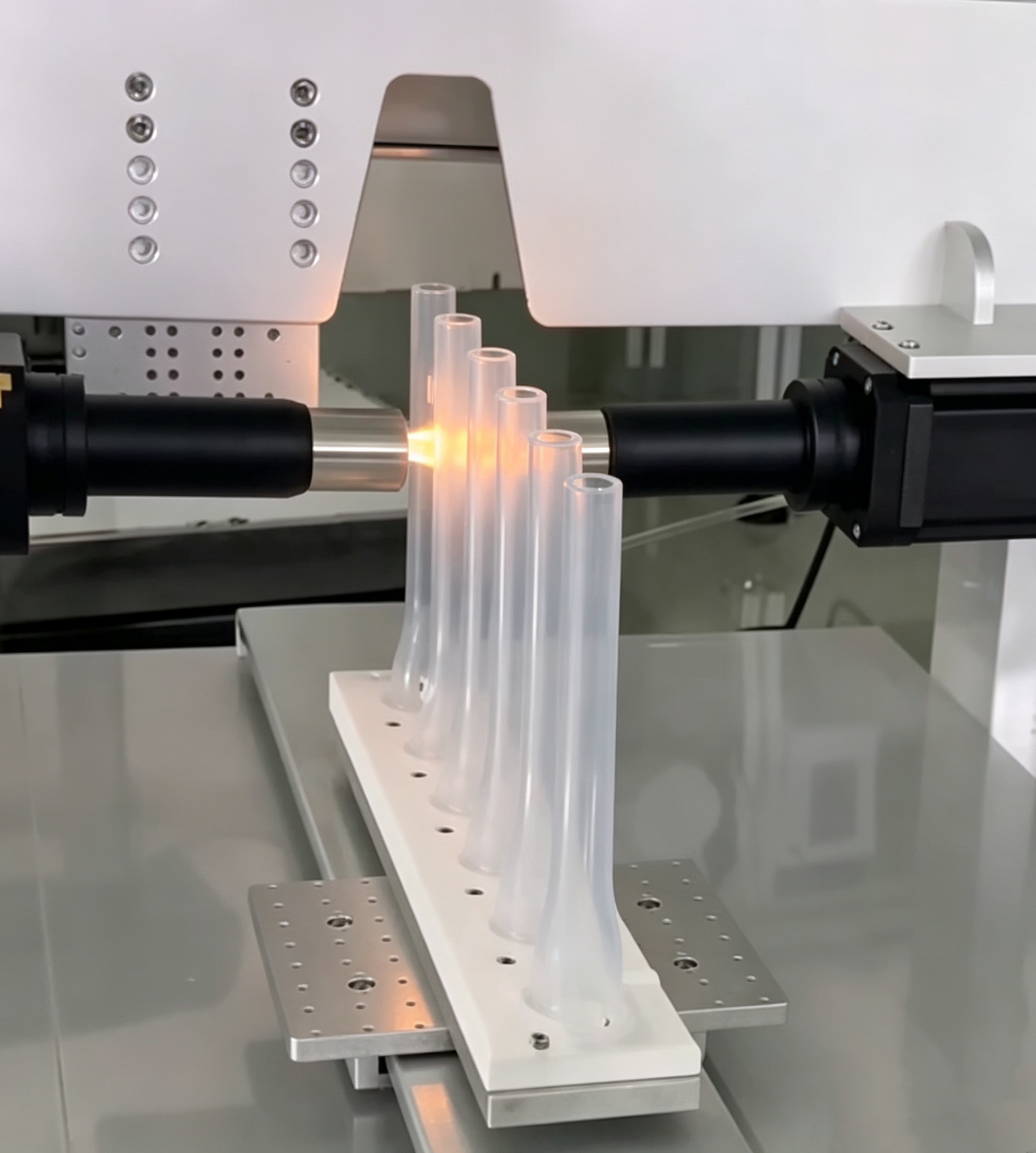 Plasma nozzle treating transparent medical tubes in an automated fixture